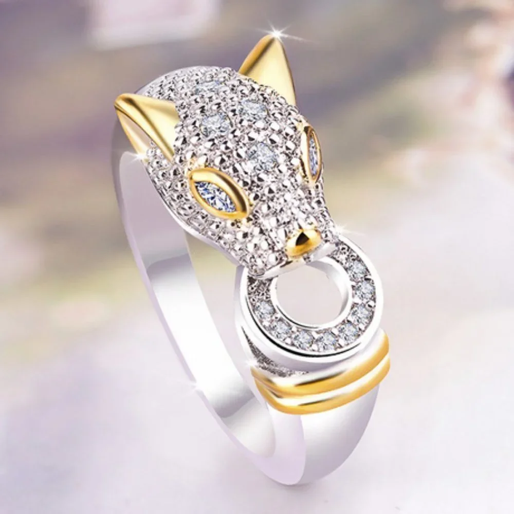 NEW White&Yellow Gold Diamond Panther Cat Ring
